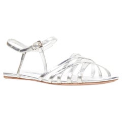 PRADA metallic silver criss cross strap open toe ankle strap flat sandals EU37.5