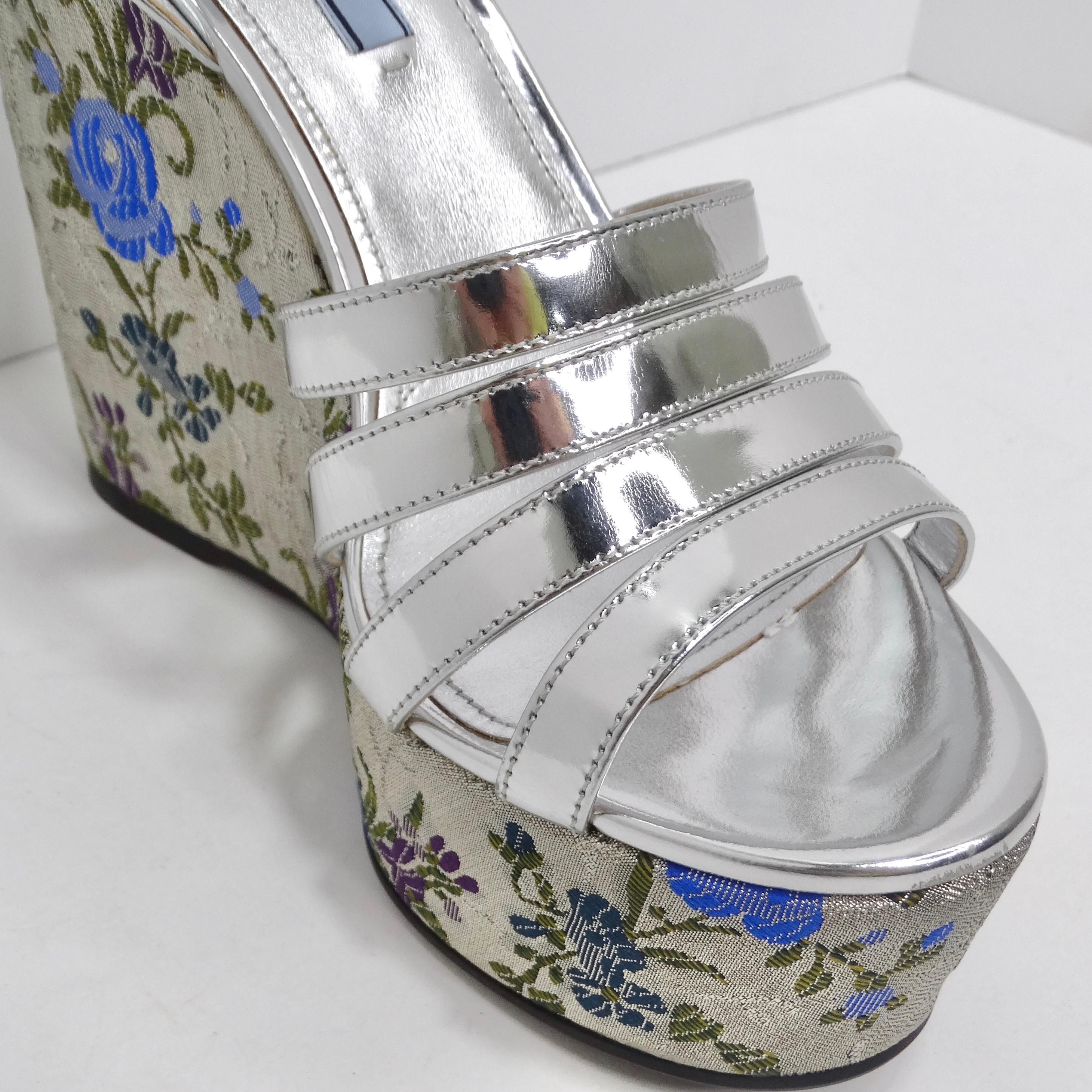 Prada Metallic Silver Floral Jacquard Leather Wedge Sandals 7