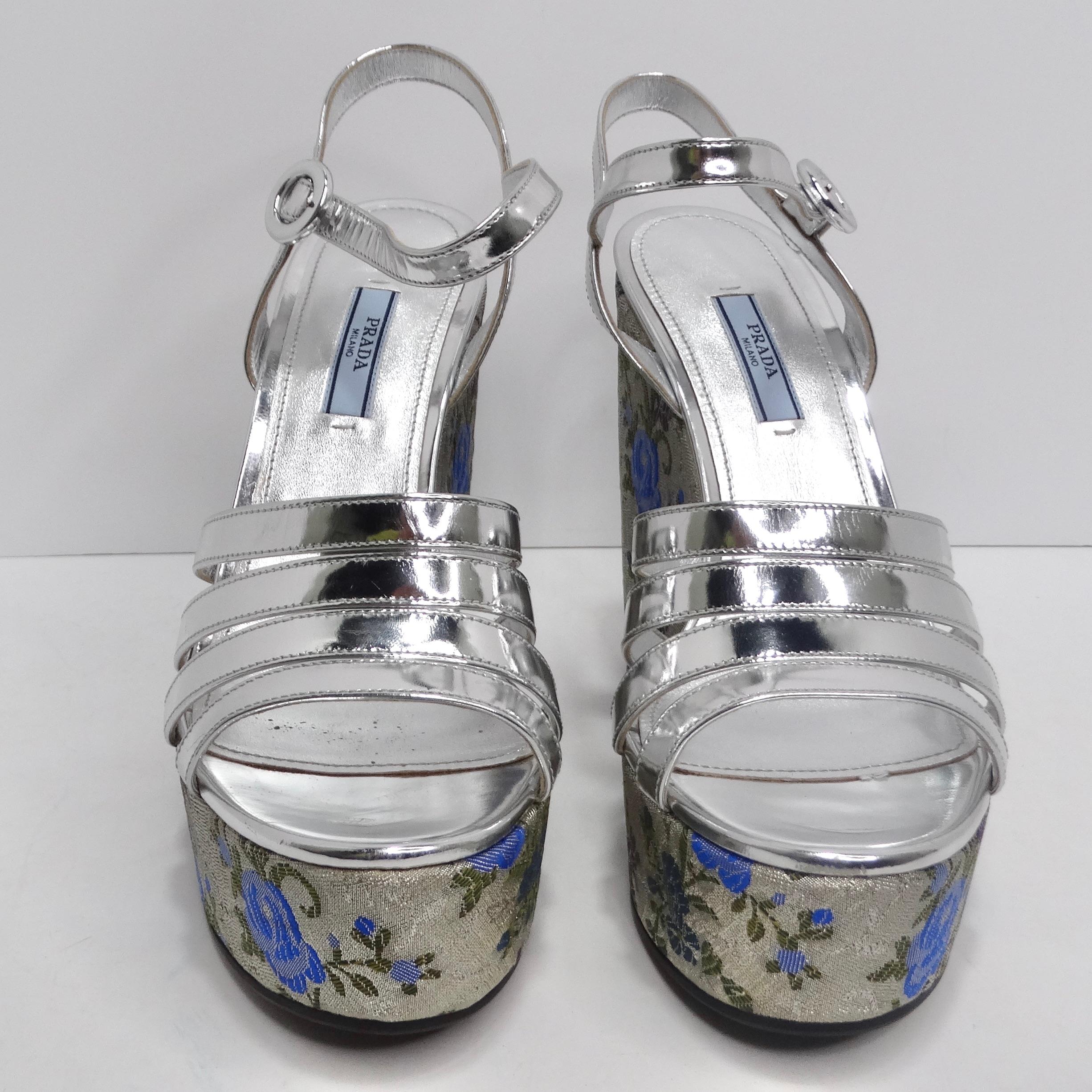 Prada Metallic Silver Floral Jacquard Leather Wedge Sandals In Excellent Condition In Scottsdale, AZ