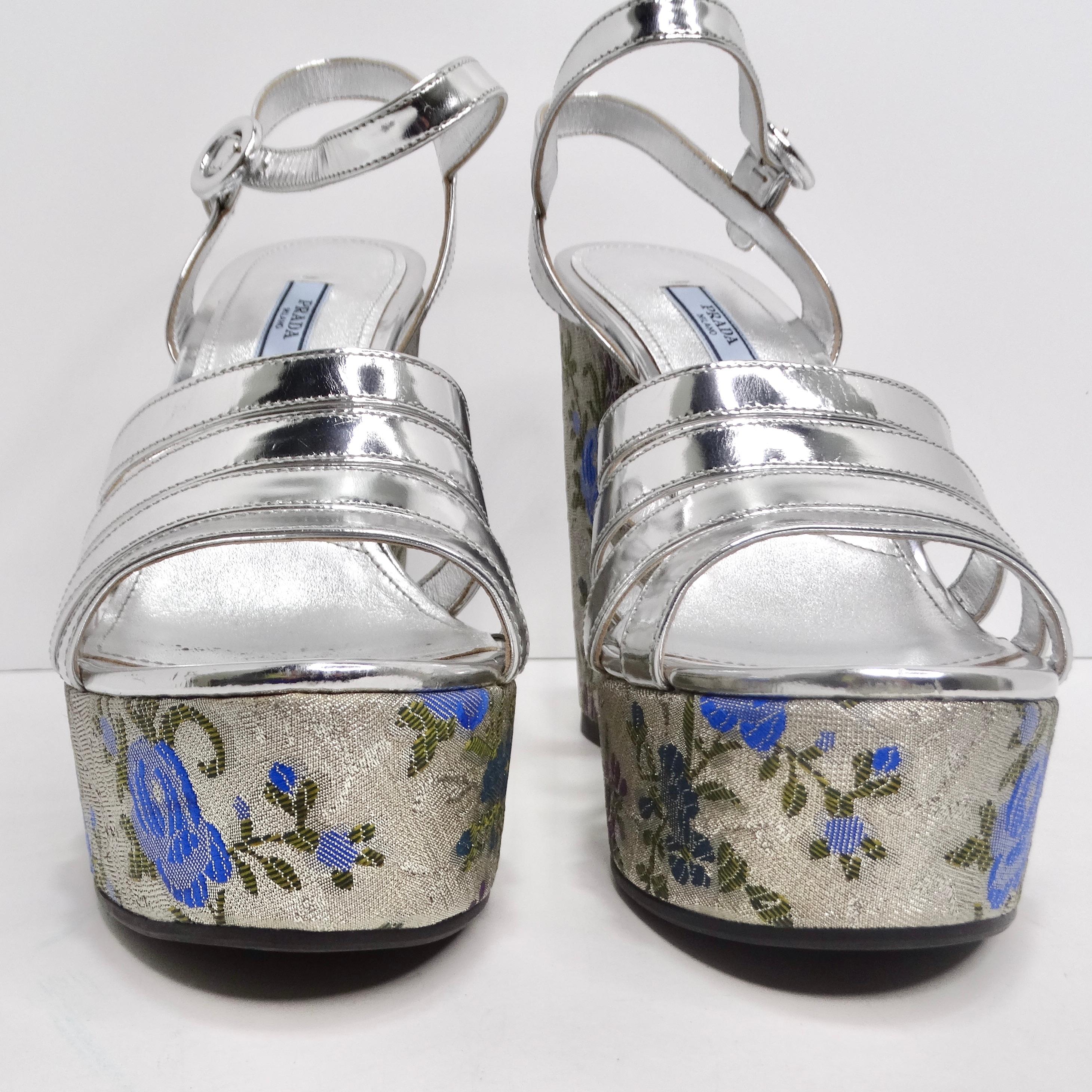 Women's or Men's Prada Metallic Silver Floral Jacquard Leather Wedge Sandals