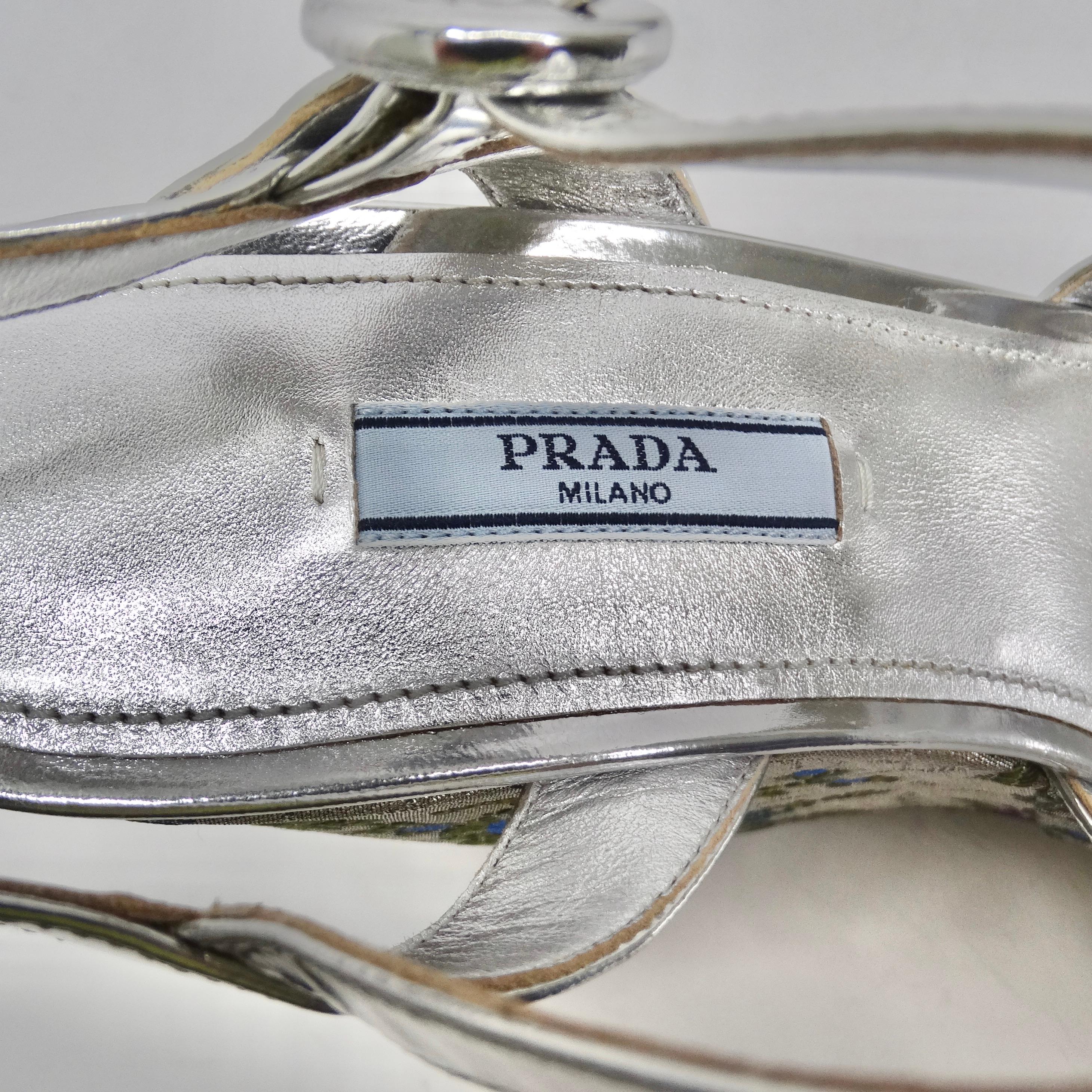 Prada Metallic Silver Floral Jacquard Leather Wedge Sandals 1