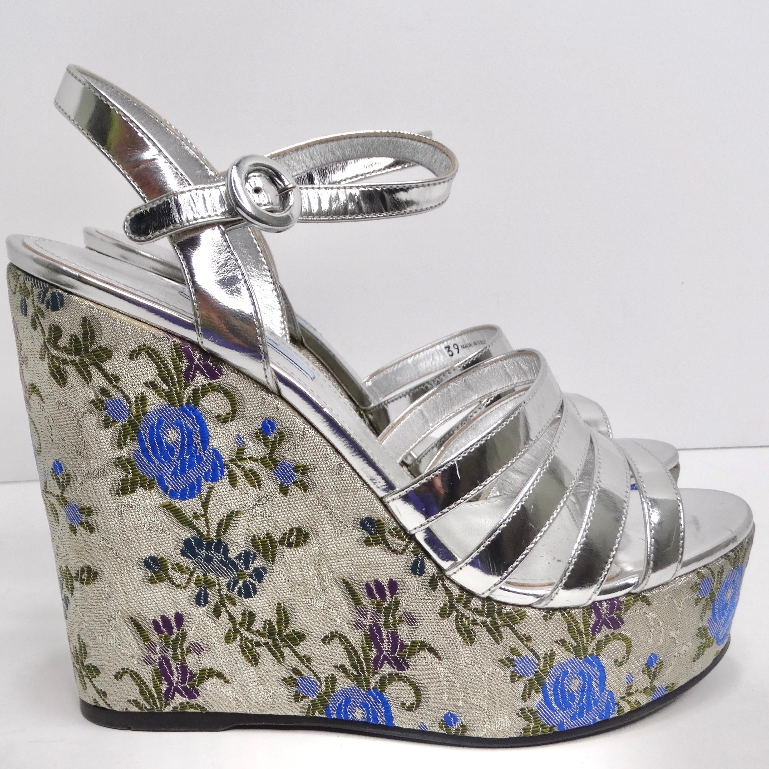 Prada Metallic Silver Floral Jacquard Leather Wedge Sandals 3