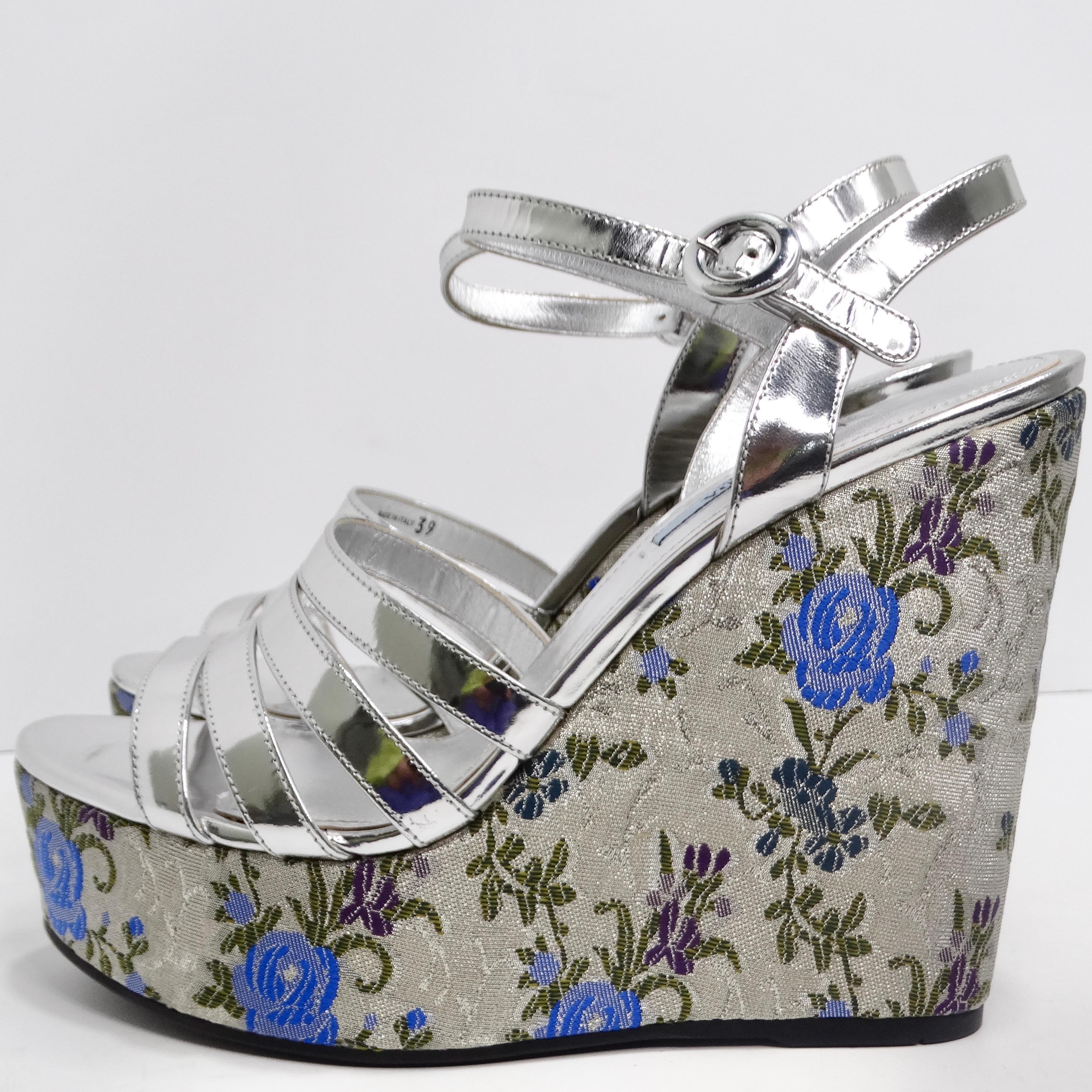 Prada Metallic Silver Floral Jacquard Leather Wedge Sandals 5