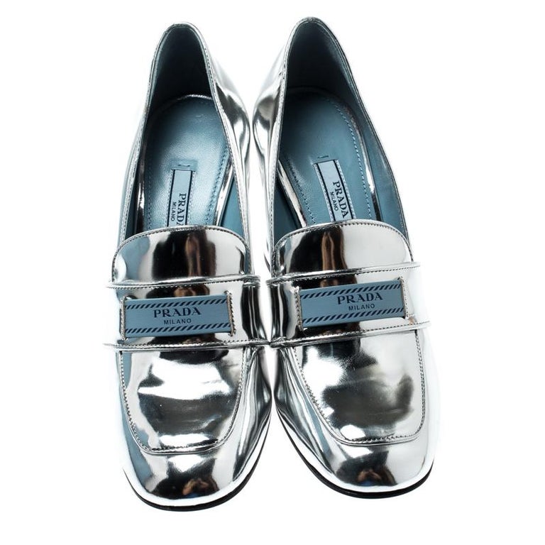 Prada Metallic Silver Leather Block Heel Loafer Pumps Size 37 For Sale ...