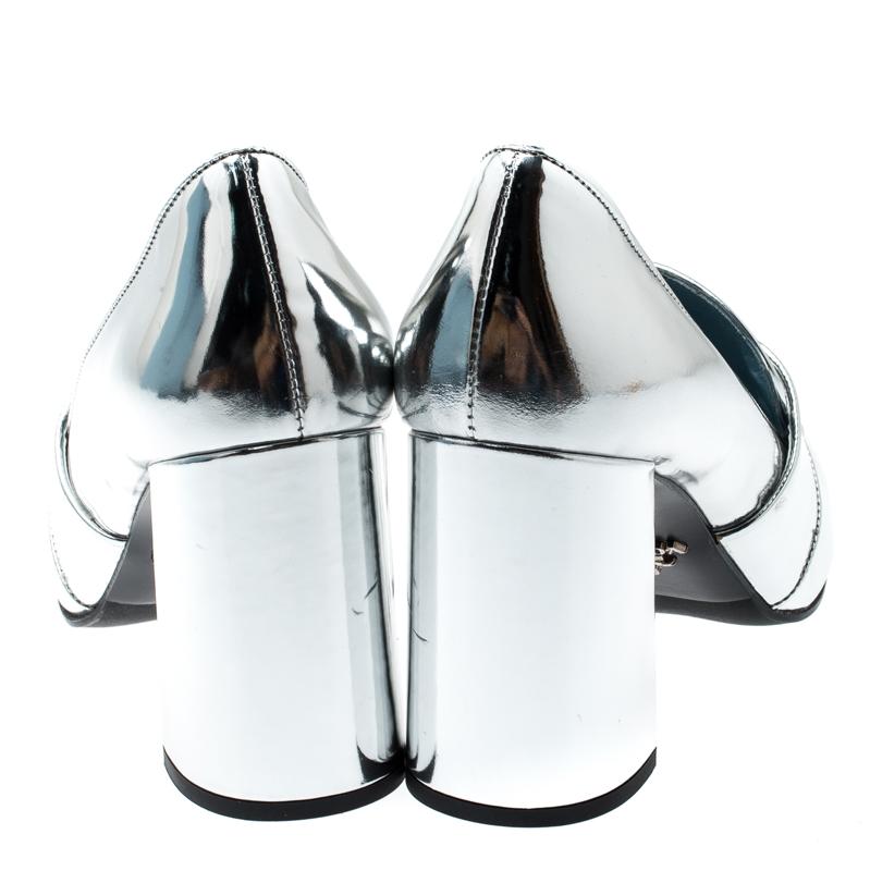Women's Prada Metallic Silver Leather Block Heel Loafer Pumps Size 37