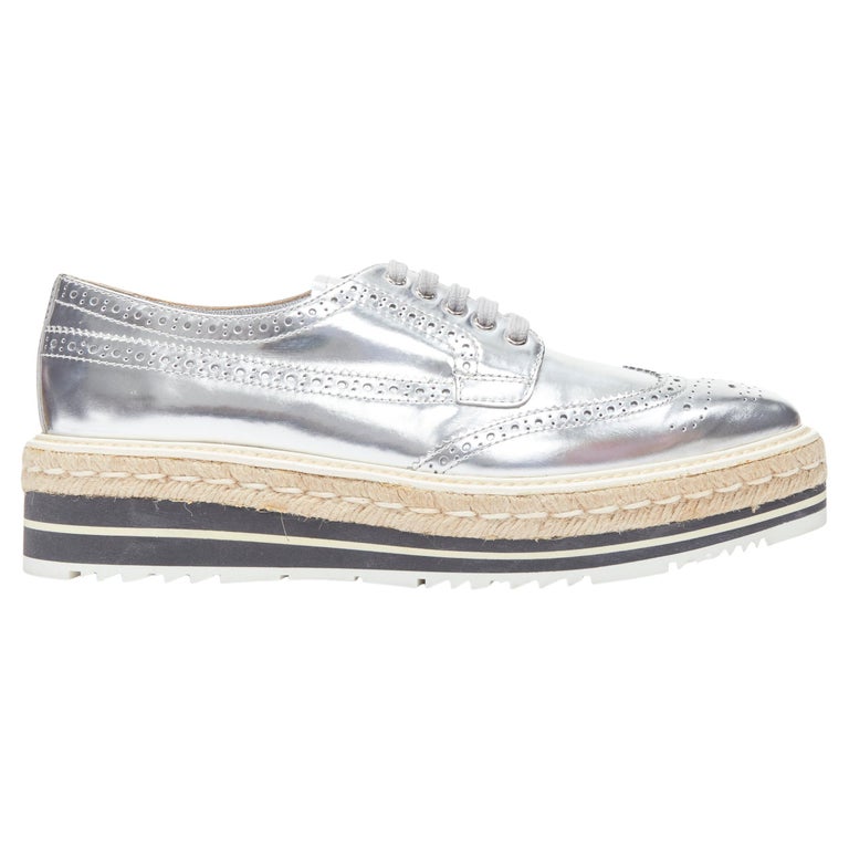 PRADA metallic silver leather perforated leather jute rubber sole brogue  EU40 For Sale at 1stDibs