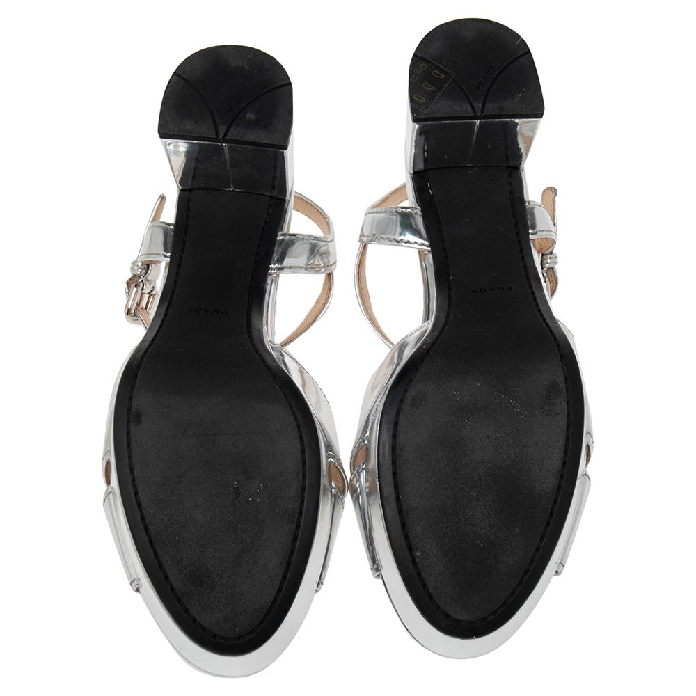 Beige Prada Metallic Silver Leather Platform Block Heel Ankle Strap Sandals Size 39