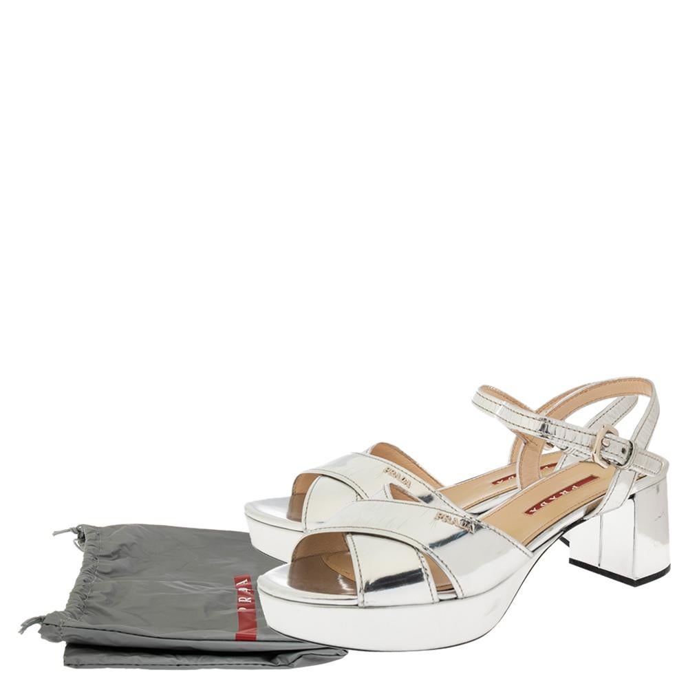 Women's Prada Metallic Silver Leather Platform Block Heel Ankle Strap Sandals Size 39