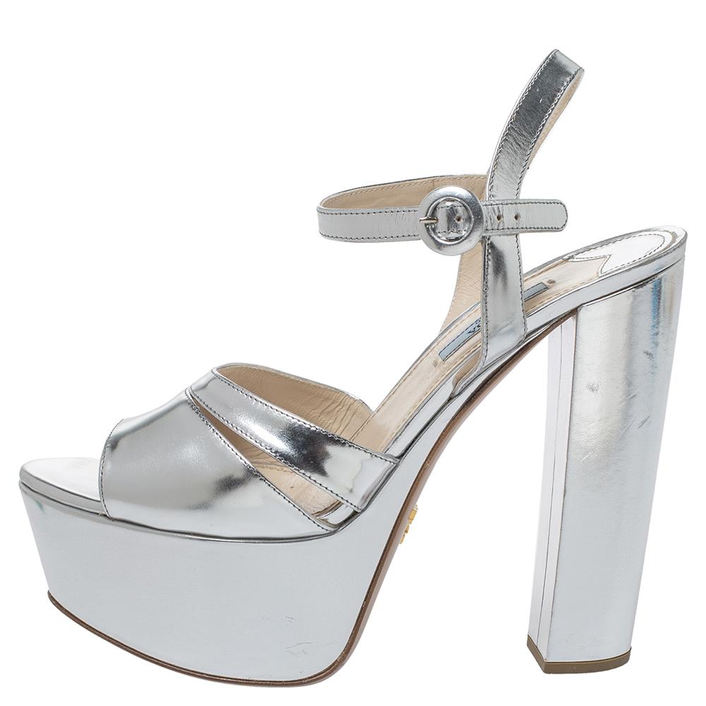 Prada Metallic Silver Leather Platform Block Heel Ankle Strap Sandals ...