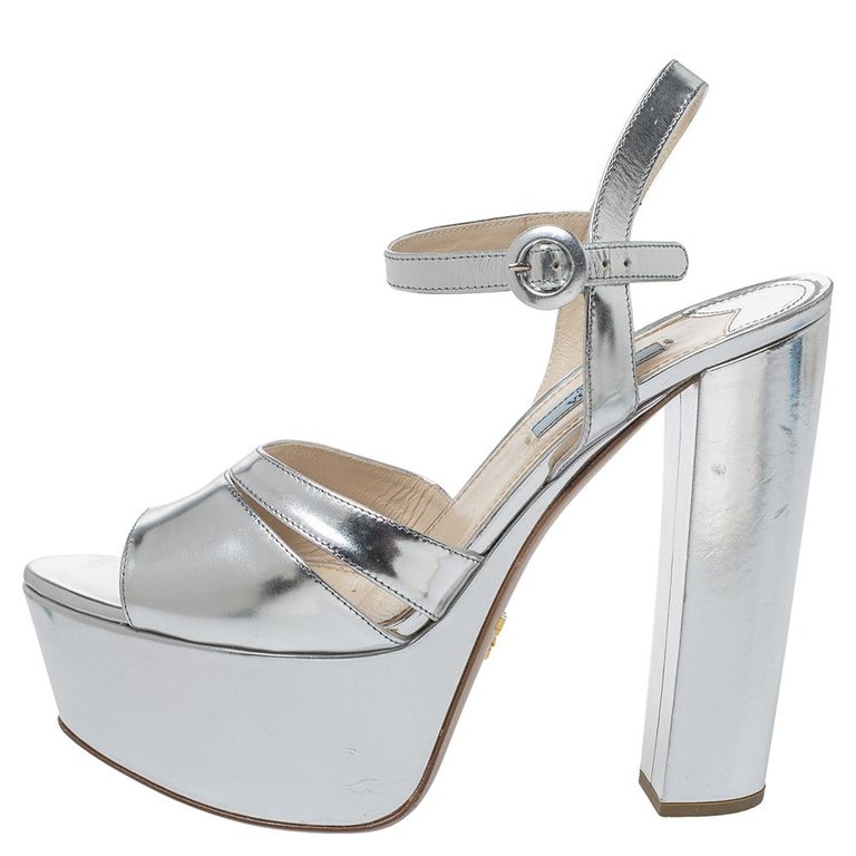 Prada Metallic Silver Leather Platform Block Heel Ankle Strap Sandals ...