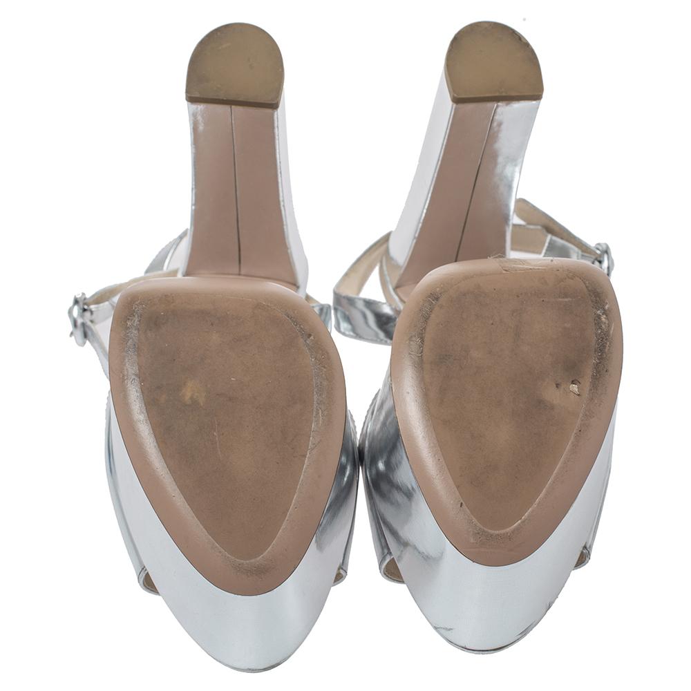 Women's Prada Metallic Silver Leather Platform Block Heel Ankle Strap Sandals Size 40