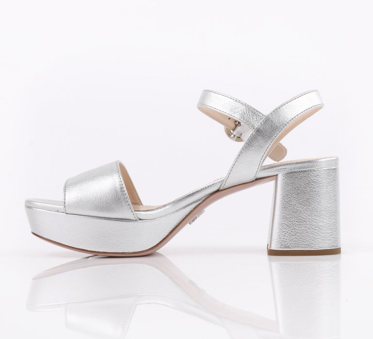 PRADA Metallic Silver Leather Platform Block Heel Sandals Heels at 1stDibs | silver platform