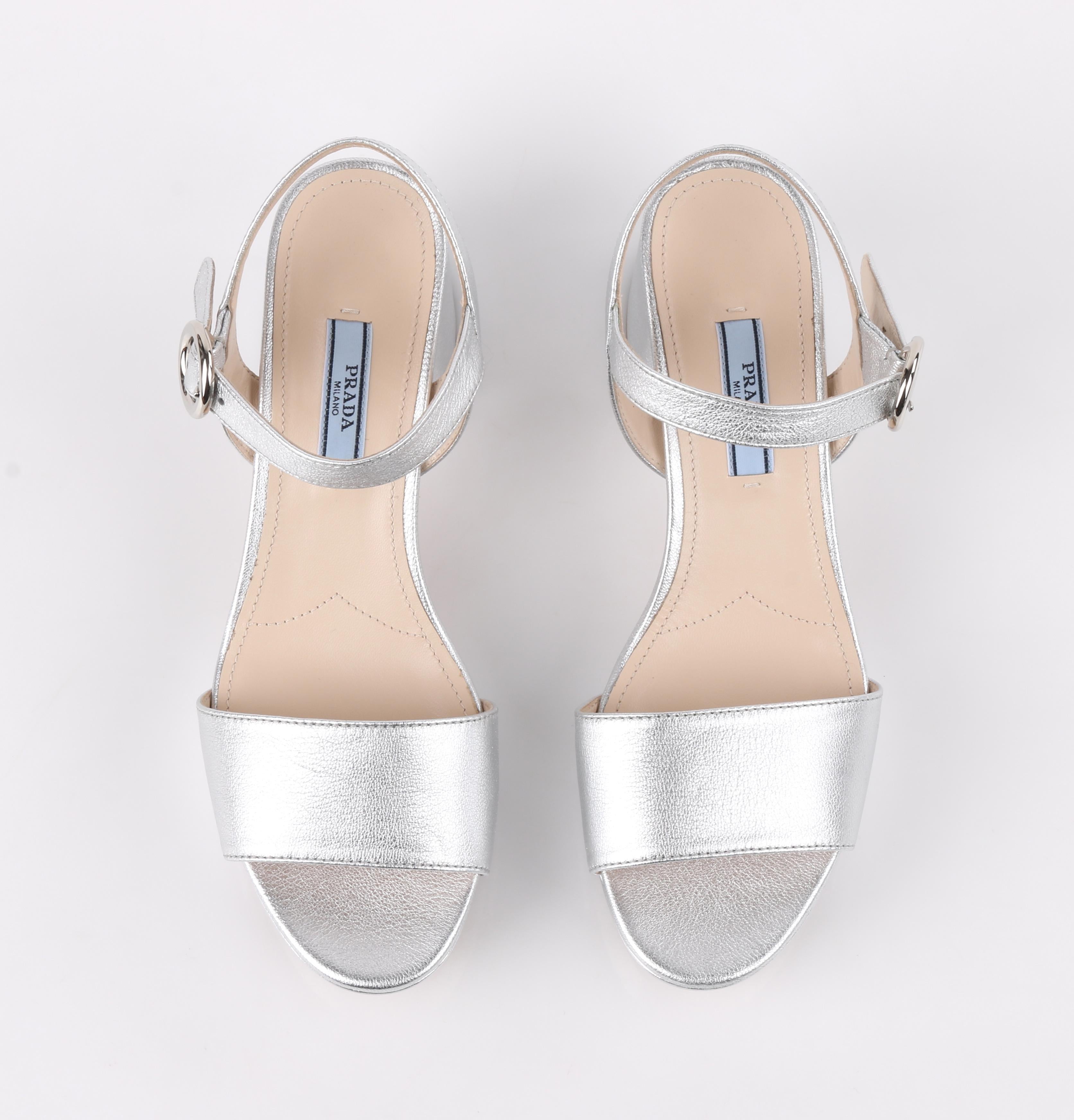 PRADA Metallic Silver Leather Platform Block Heel Sandals Heels 2