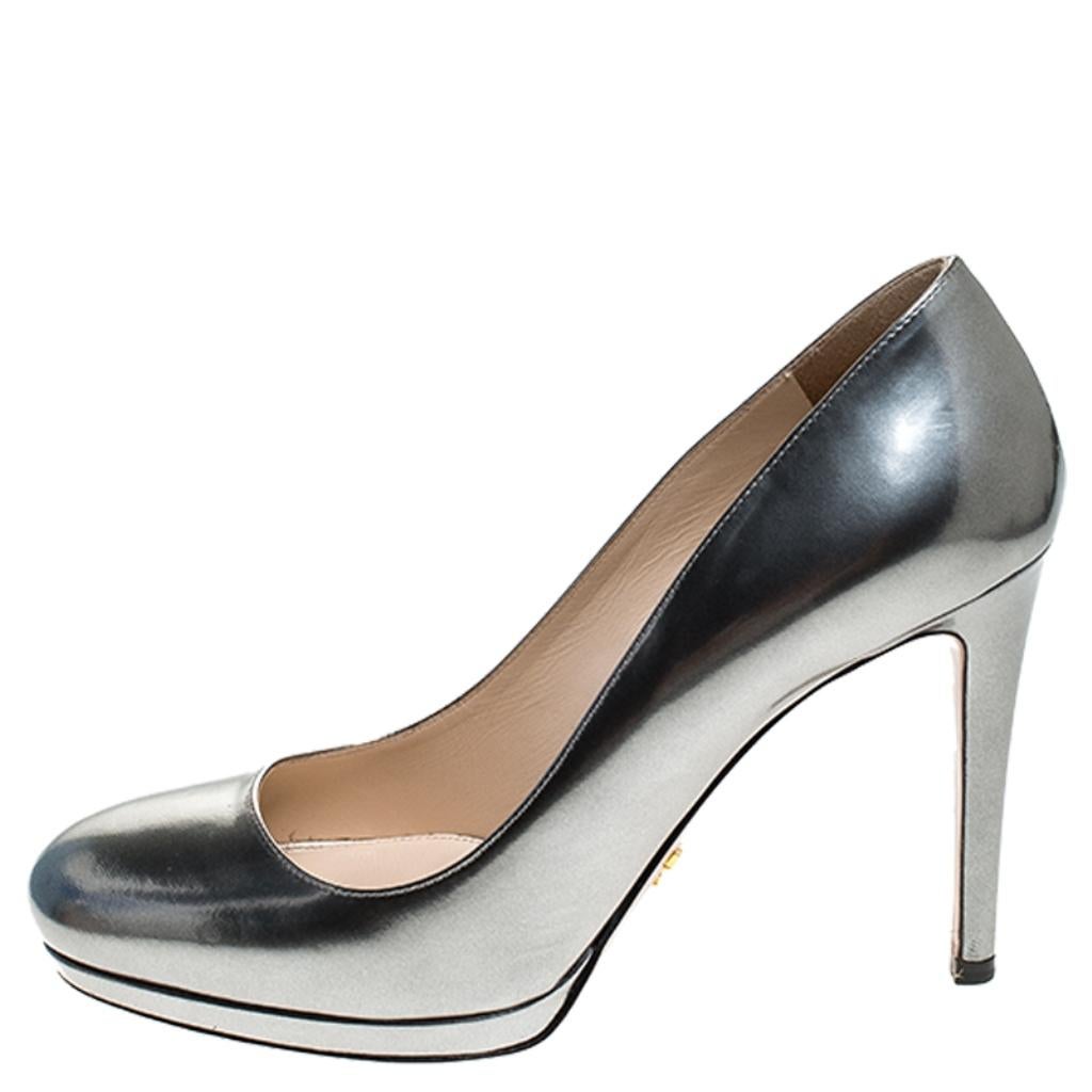 Prada Metallic Silver Leather Round Toe Platform Pumps Size 37 1