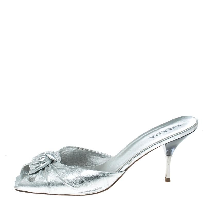 Prada Metallic Silver Leather Square Peep Toe Slide Sandals Size 40.5 2