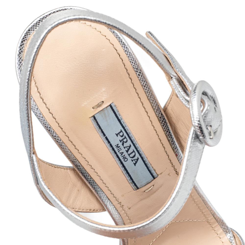 Women's Prada Metallic Silver Saffiano Leather Ankle Strap Platform Sandals Size 36.5