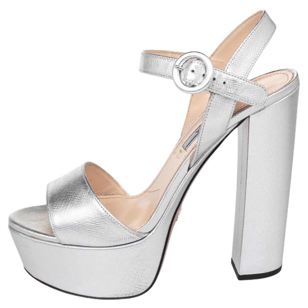 Prada Metallic Silver Saffiano Leather Ankle Strap Platform Sandals Size 36.5