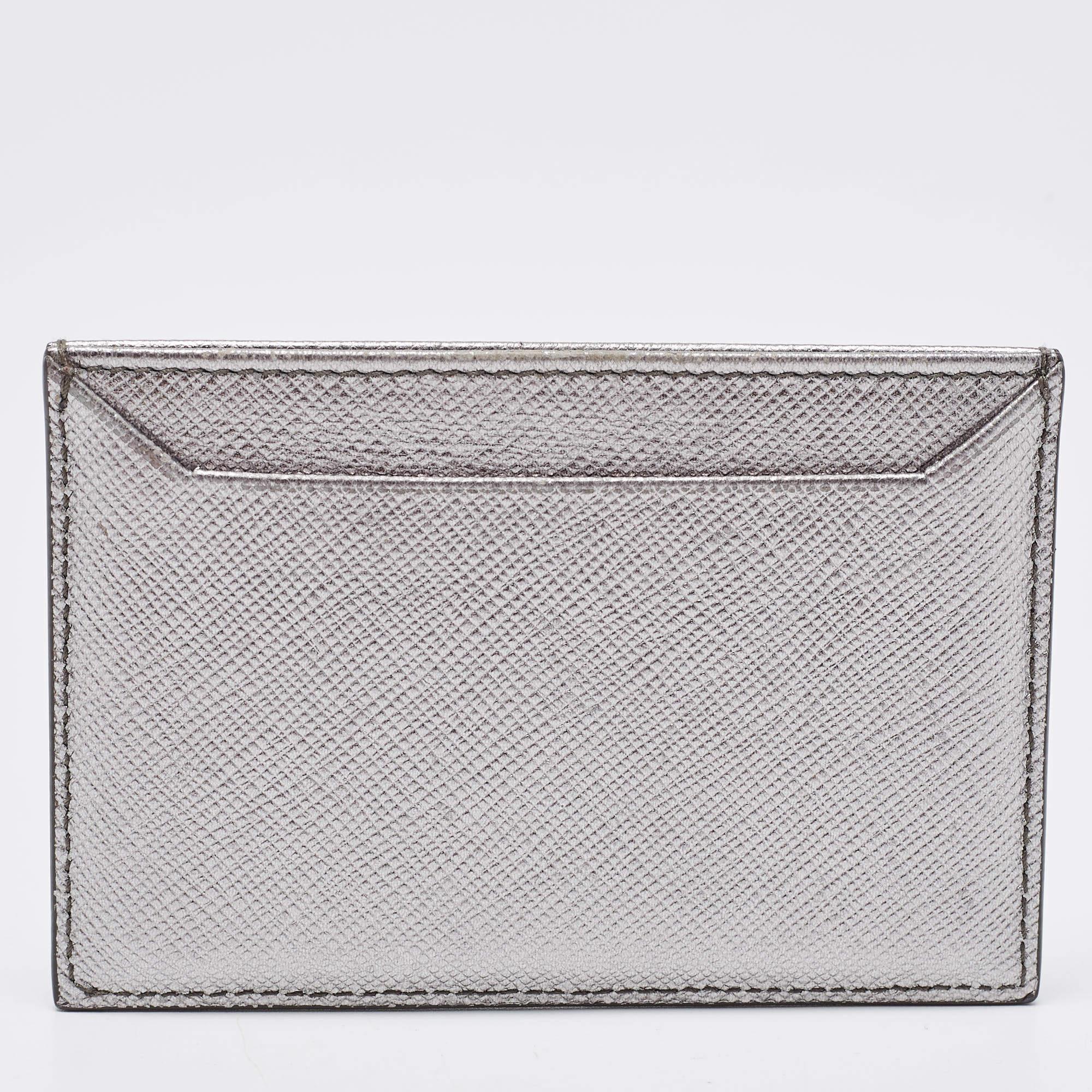 Prada Metallic Silver Saffiano Leather Card Holder 2