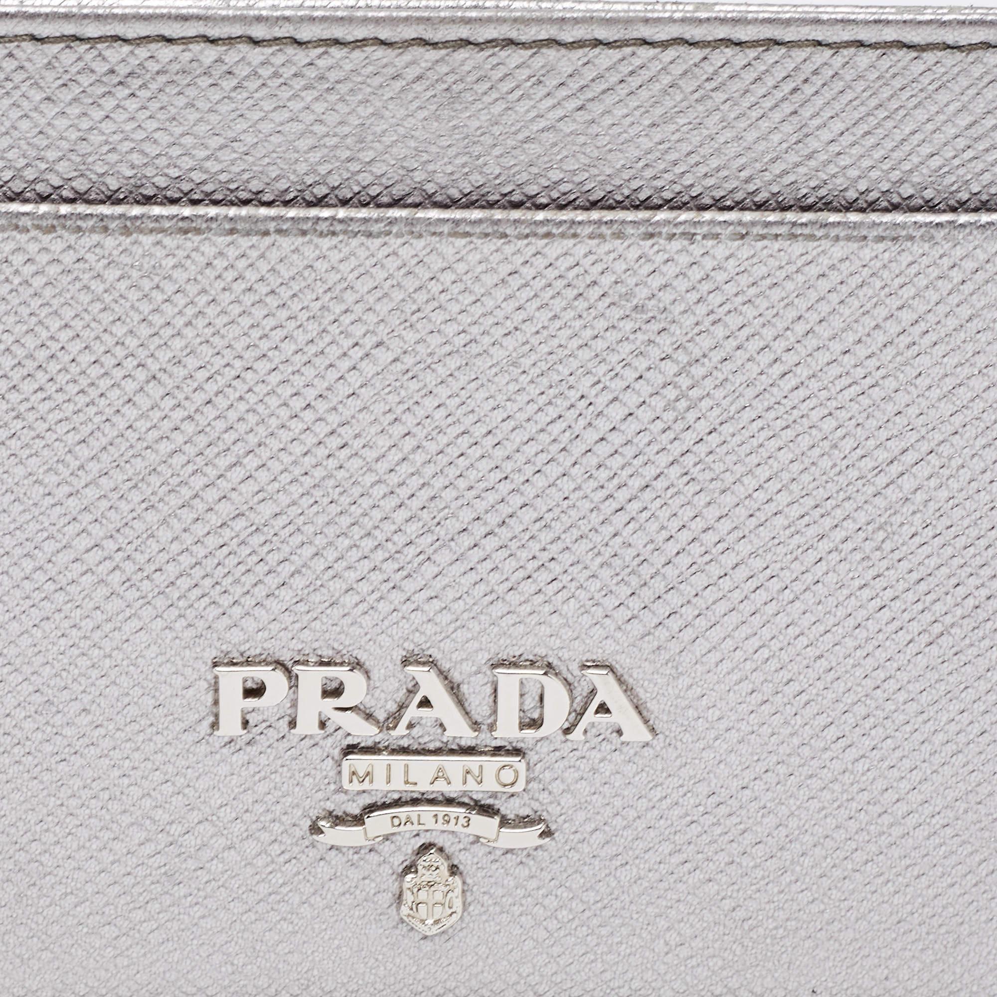 Prada Metallic Silver Saffiano Leather Card Holder 3