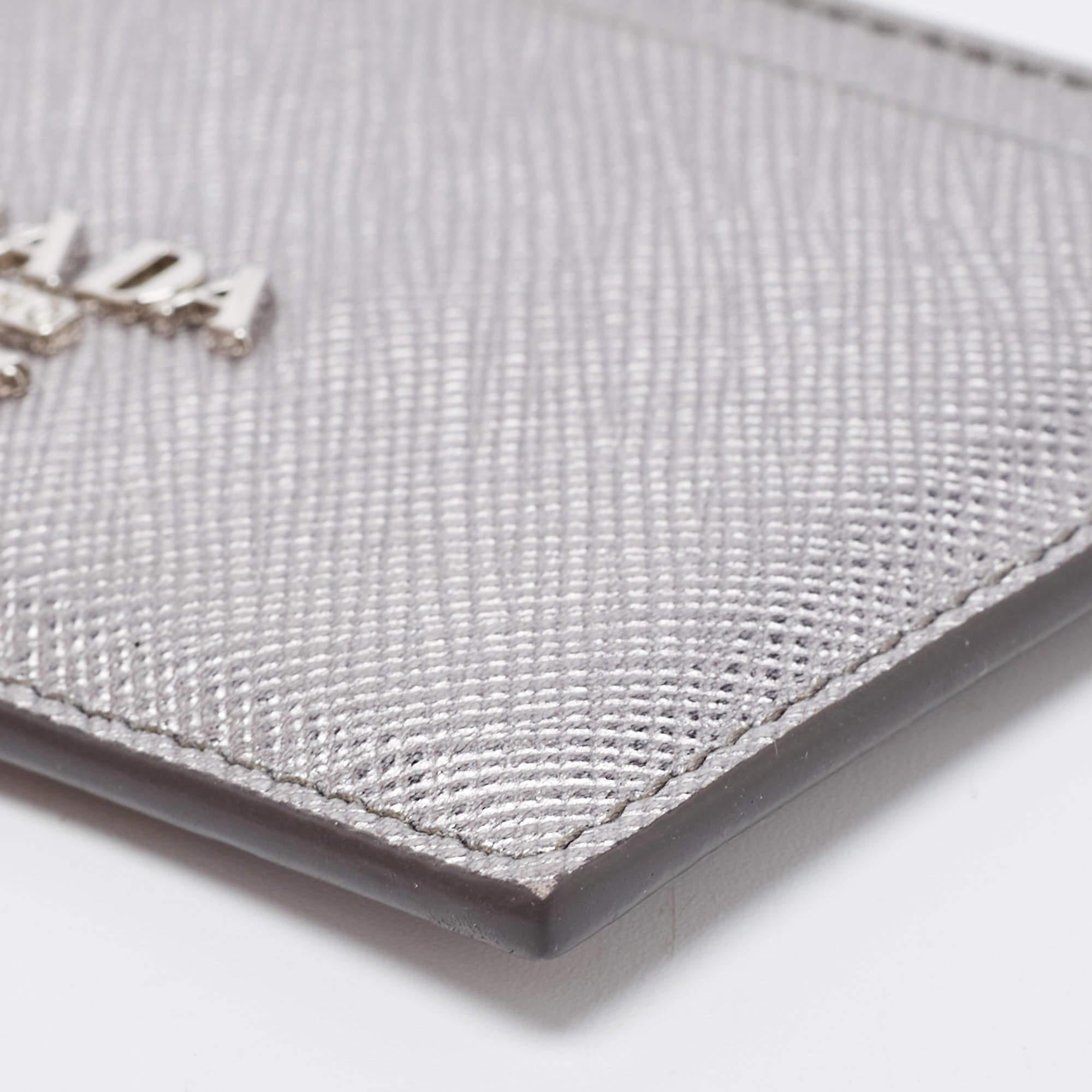 Prada Metallic Silver Saffiano Leather Card Holder 4