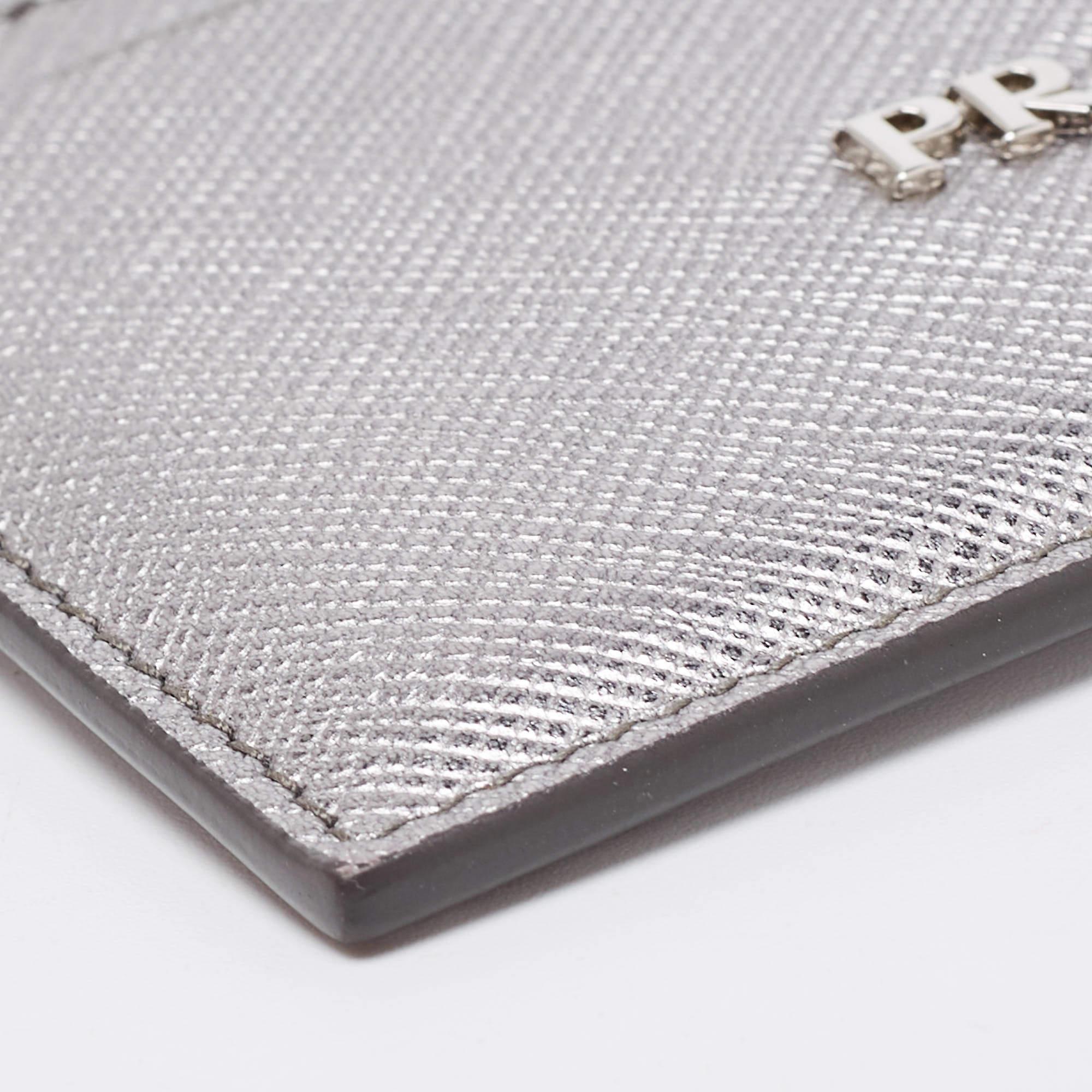 Prada Metallic Silver Saffiano Leather Card Holder 5