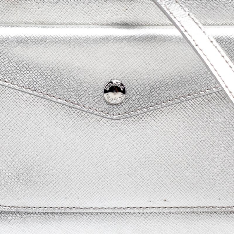 Prada Metallic Silver Saffiano Leather Crossbody Bag 4