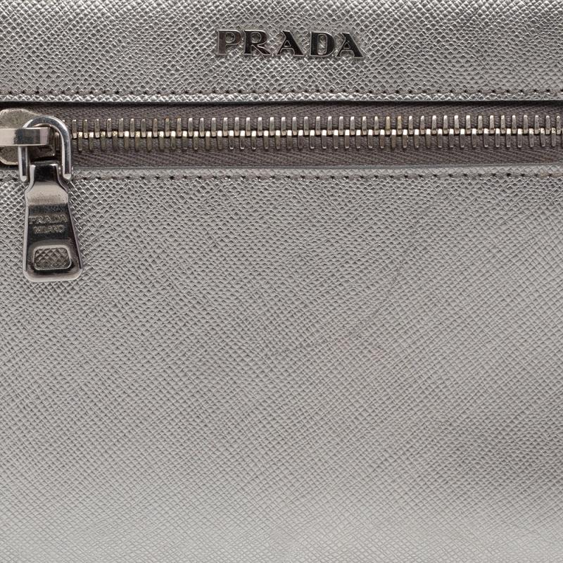 Prada Metallic Silver Saffiano Leather Crossbody Bag 1