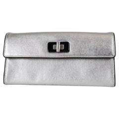 PRADA metallic silver Saffiano leather TURNLOCK Clutch Bag