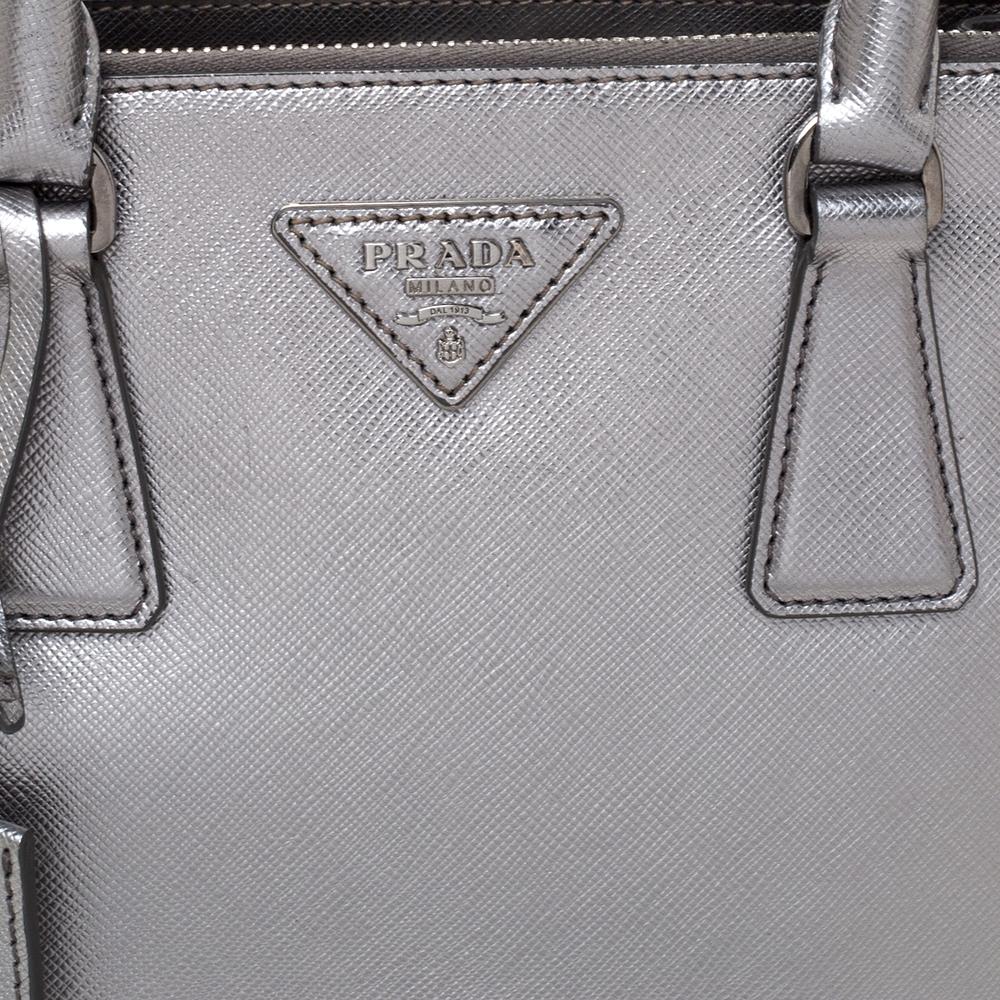 Prada Metallic Silver Saffiano Lux Leather Mini Double Zip Tote 6