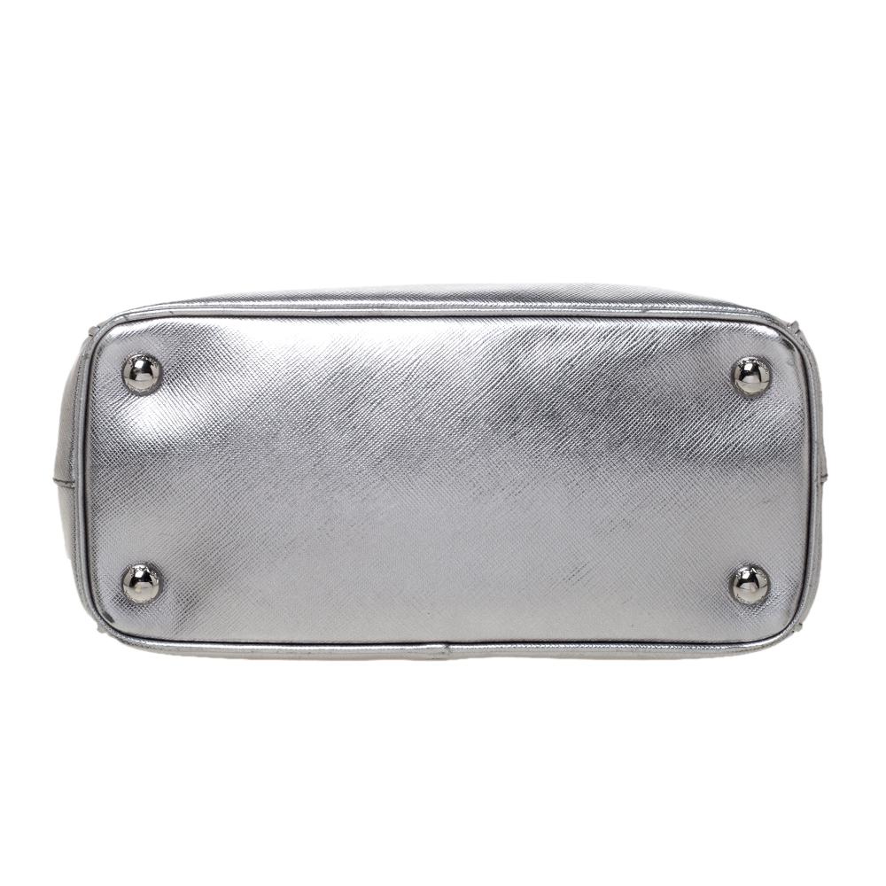 Prada Metallic Silver Saffiano Lux Leather Mini Double Zip Tote 1