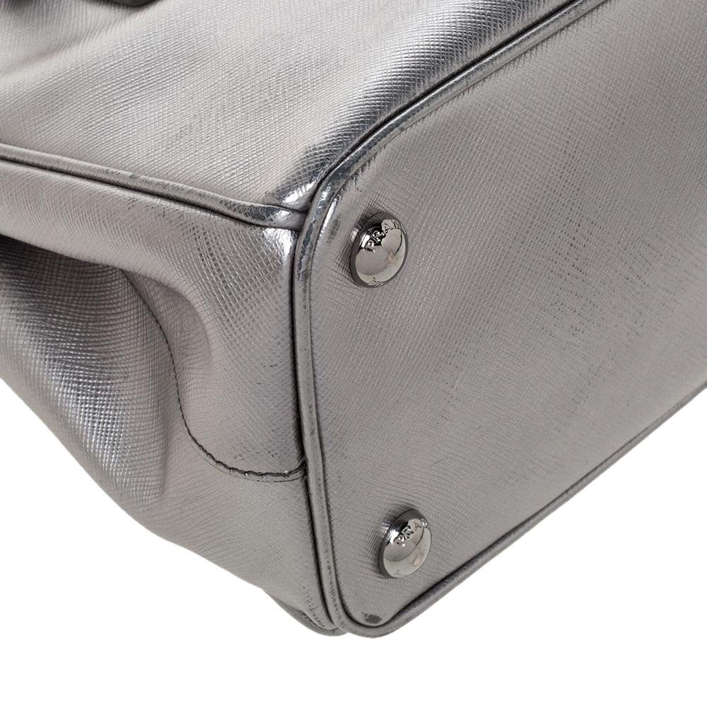 Prada Metallic Silver Saffiano Lux Leather Mini Double Zip Tote 3