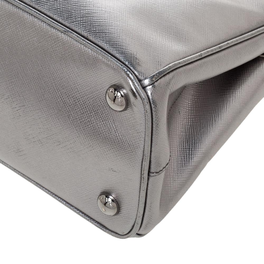 Prada Metallic Silver Saffiano Lux Leather Mini Double Zip Tote 4