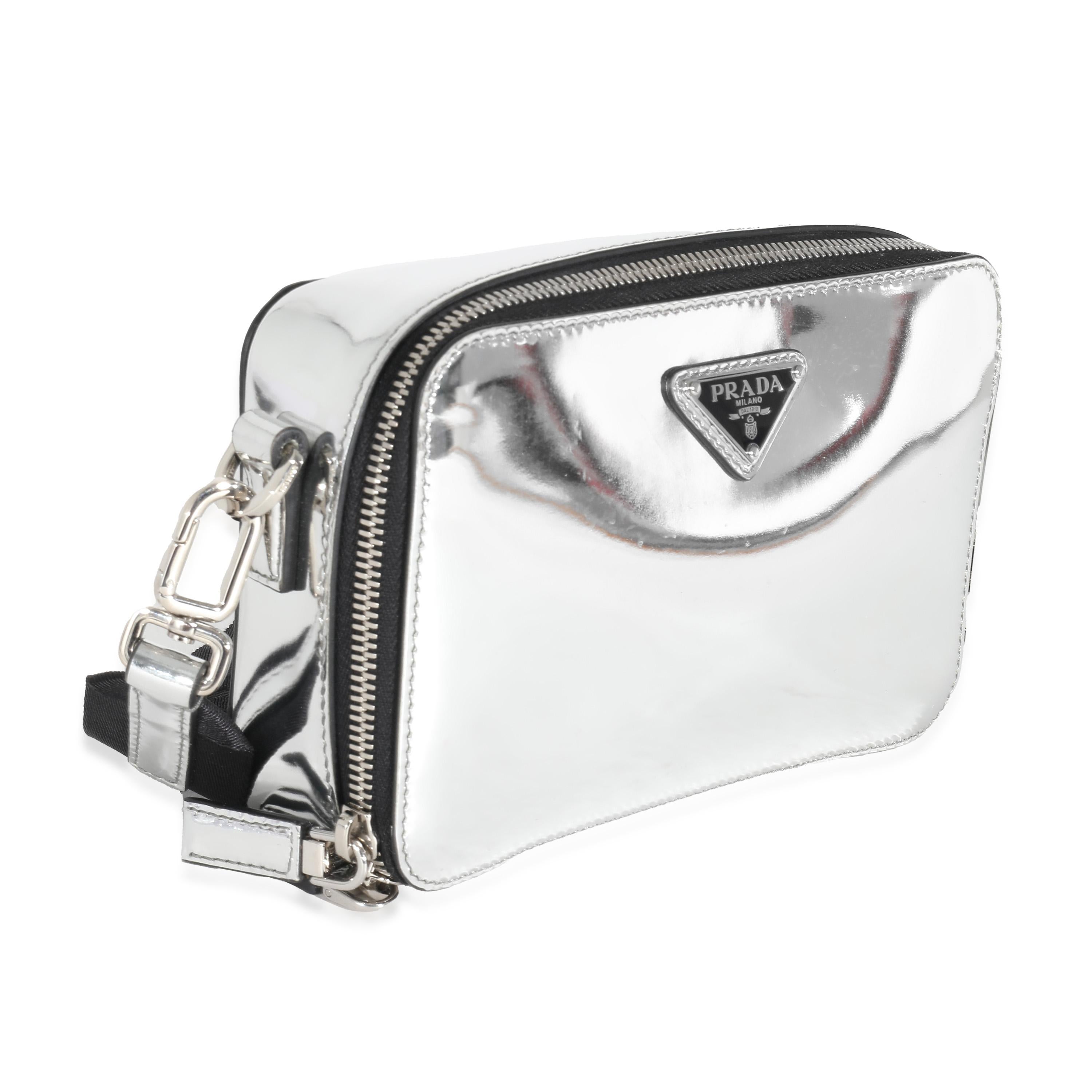 Prada Metallic Silver Spazzolato Brique Crossbody In Excellent Condition In New York, NY