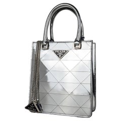 Prada Metallic Spazzolato Triangle Small Tote Argento