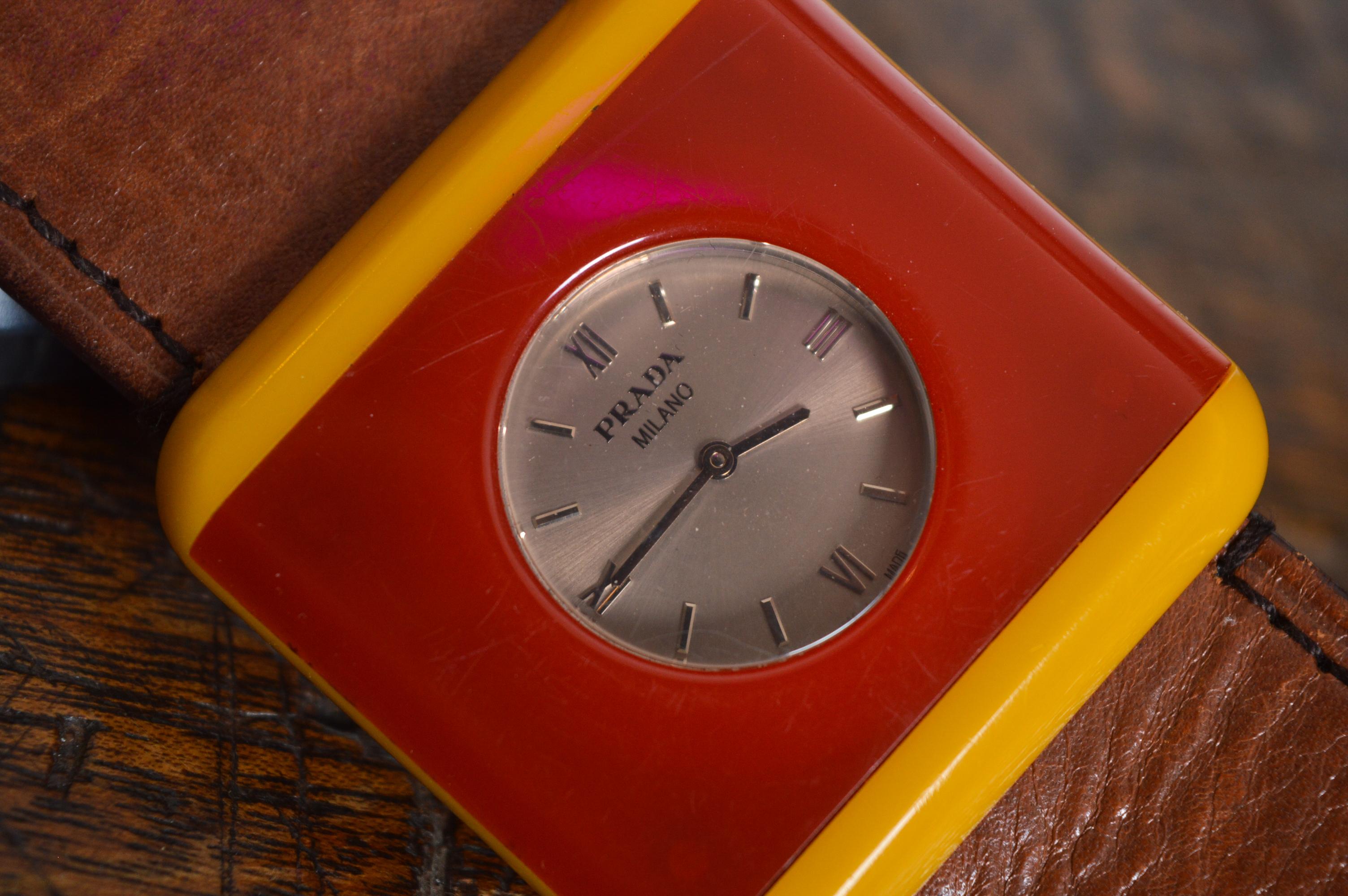 PRADA mid century Italian style Resin & Leather Red and yellow Cocktail Watch 6