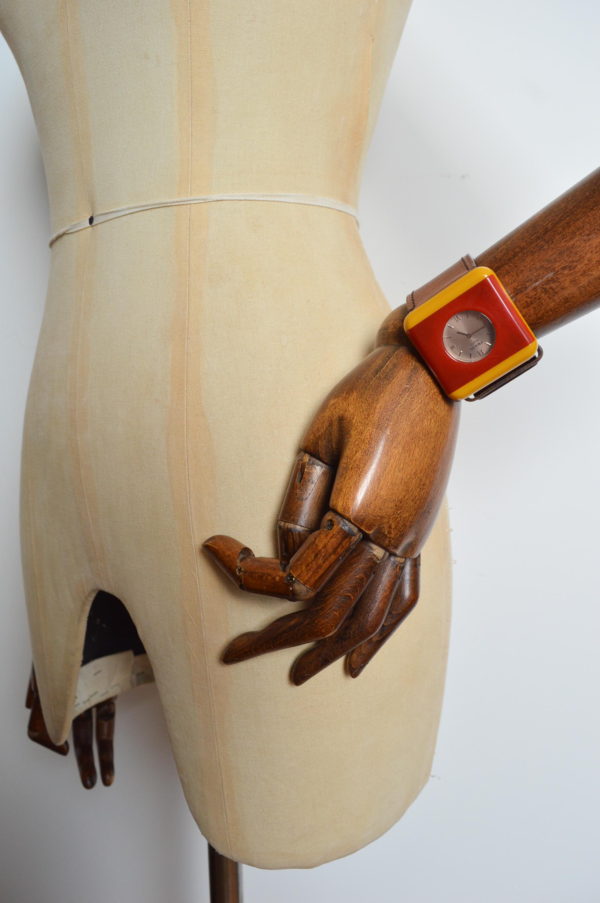 PRADA mid century Italian style Resin & Leather Red and yellow Cocktail Watch 7