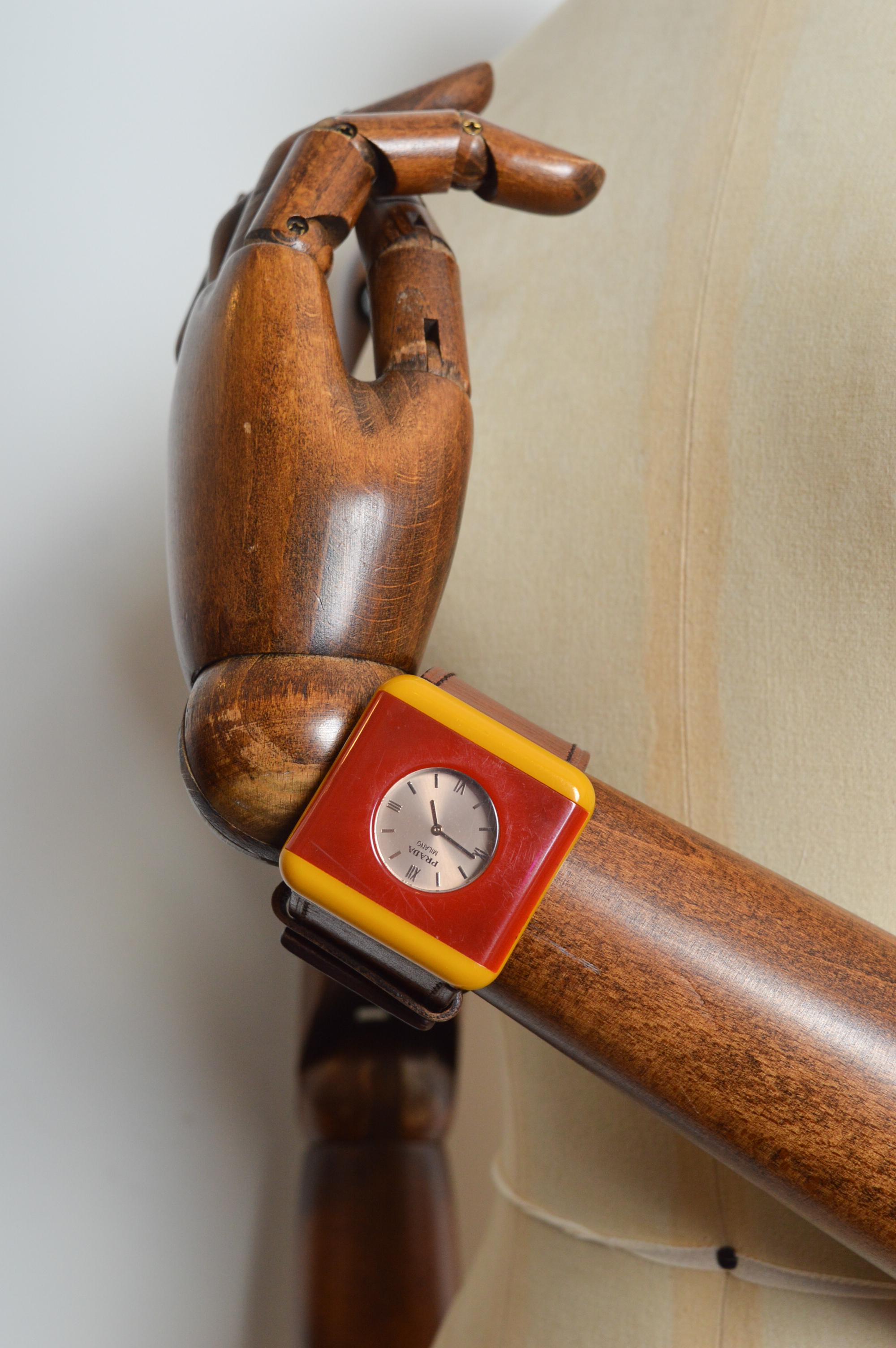 Modernist PRADA mid century Italian style Resin & Leather Red and yellow Cocktail Watch