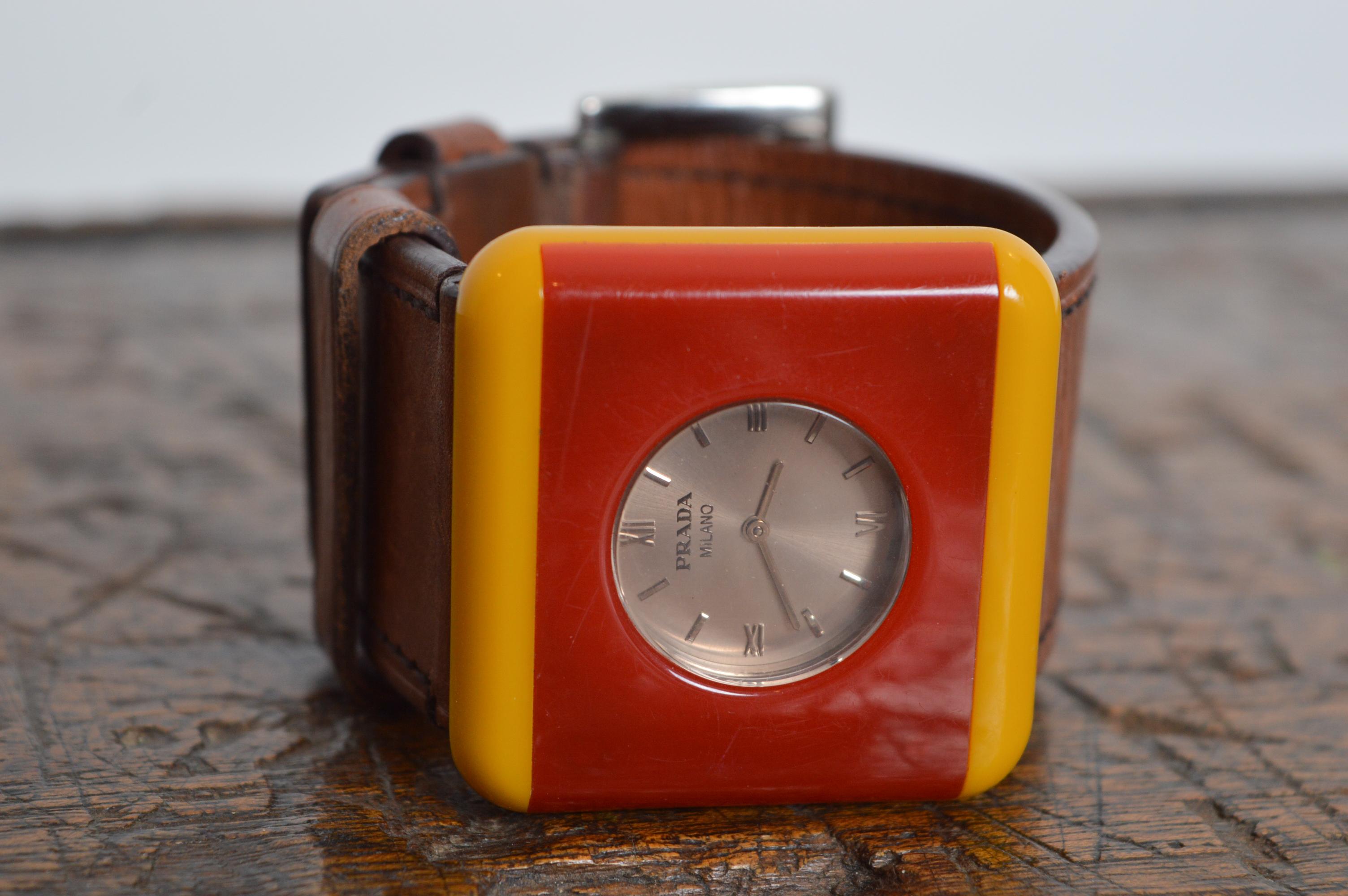 PRADA mid century Italian style Resin & Leather Red and yellow Cocktail Watch In Good Condition In Sheffield, GB