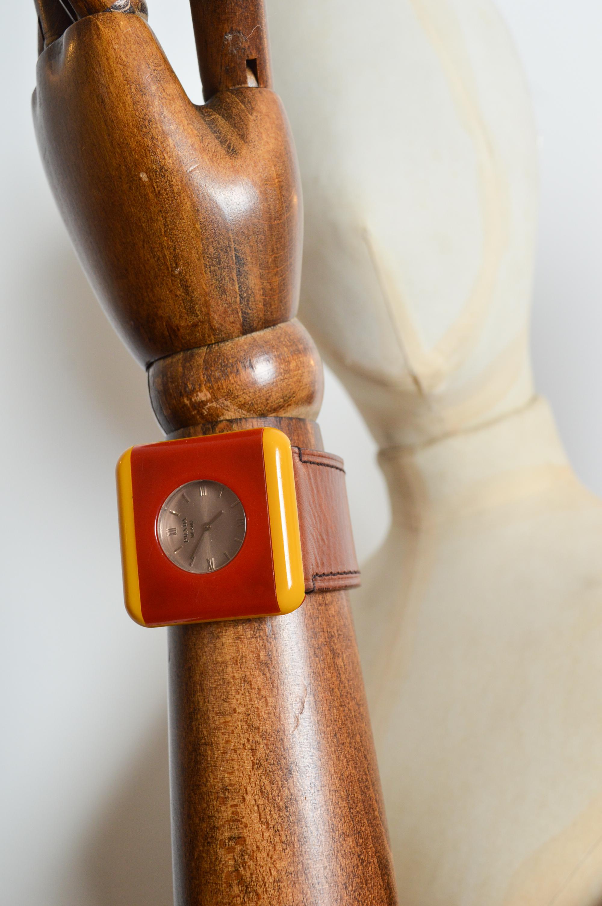 PRADA mid century Italian style Resin & Leather Red and yellow Cocktail Watch 1