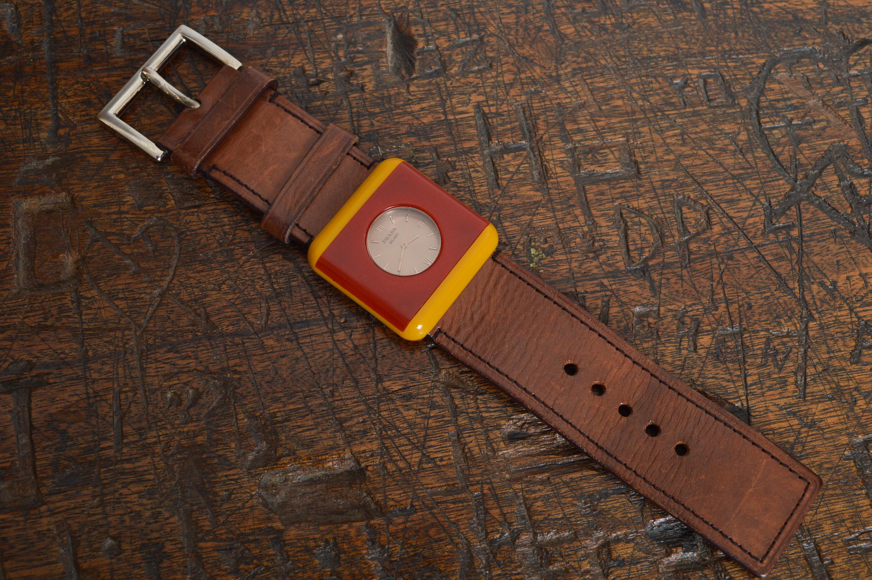 PRADA mid century Italian style Resin & Leather Red and yellow Cocktail Watch 2