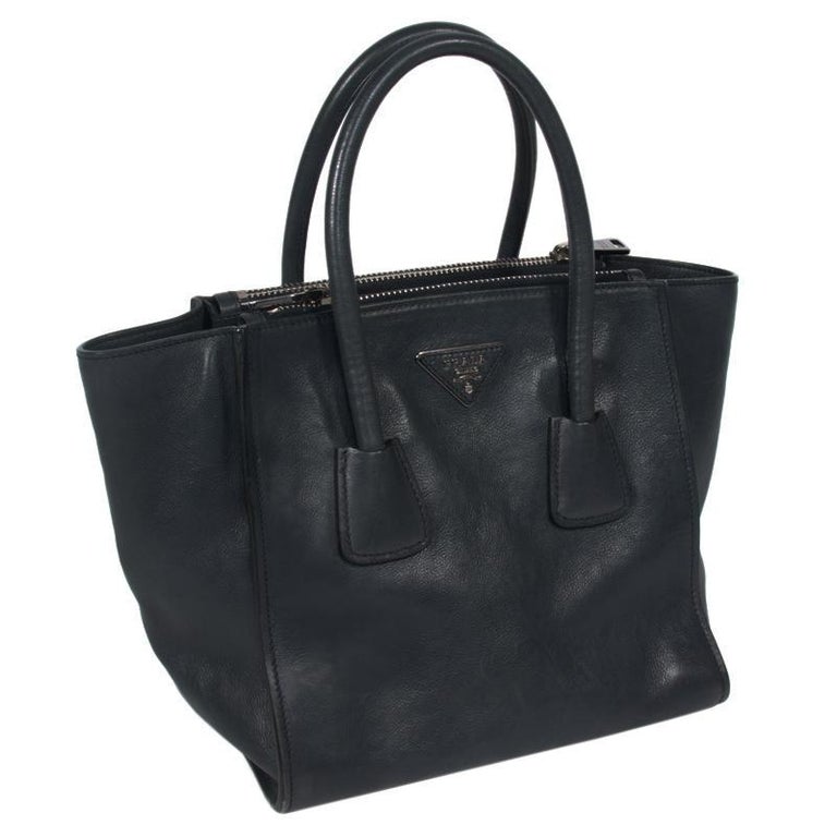 Black Prada Midnight Blue Glace Calfskin Leather Twin Pocket Double Handle Tote