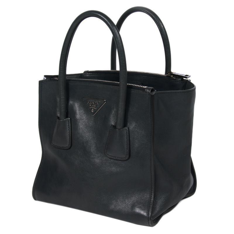 Prada Midnight Blue Glace Calfskin Leather Twin Pocket Double Handle Tote 1