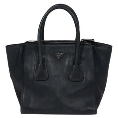 Prada Midnight Blue Glace Calfskin Leather Twin Pocket Double Handle Tote