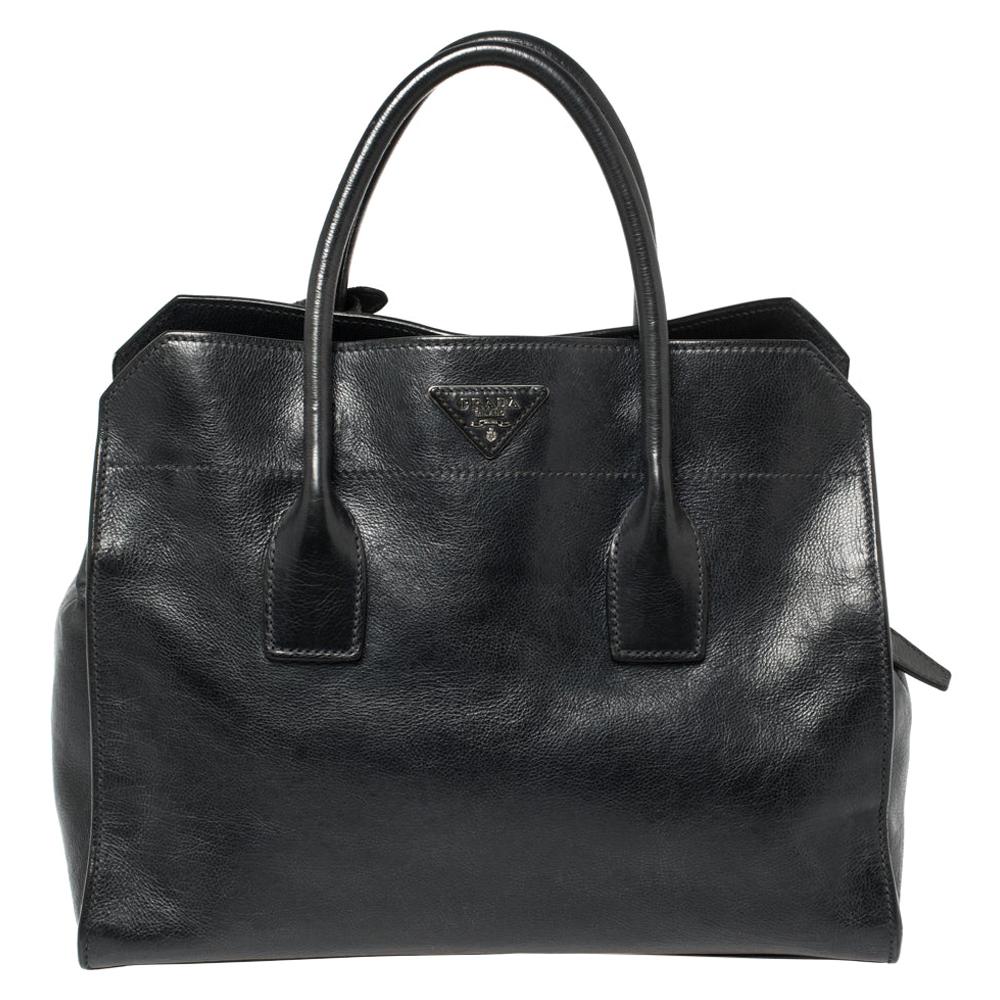 Prada Midnight Blue Glazed Leather Zip Tote For Sale at 1stDibs