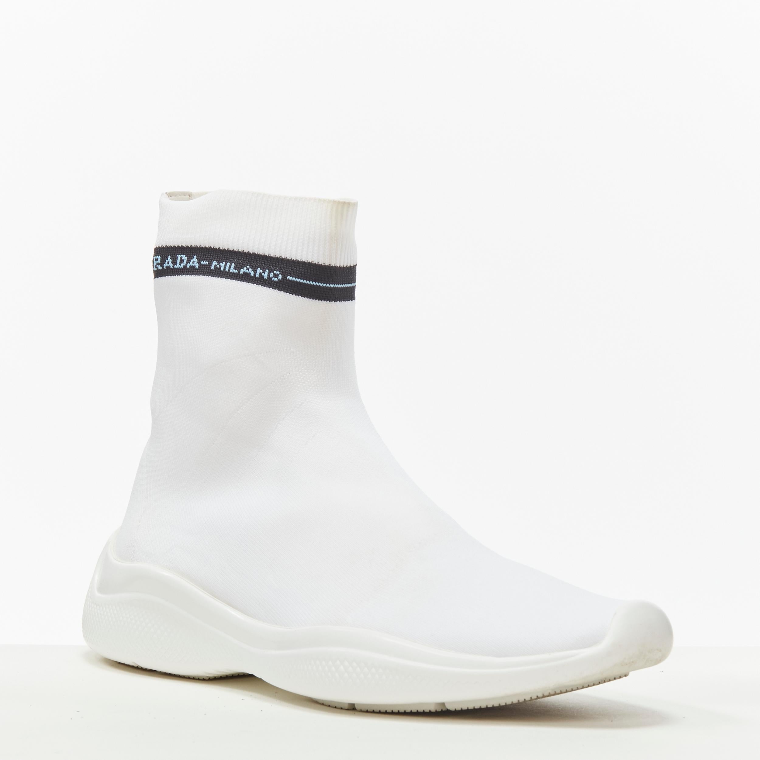 PRADA Milano schwarzes Logo Band weiße Socke stricken hohe Top-Sneaker EU35.5 (Grau) im Angebot