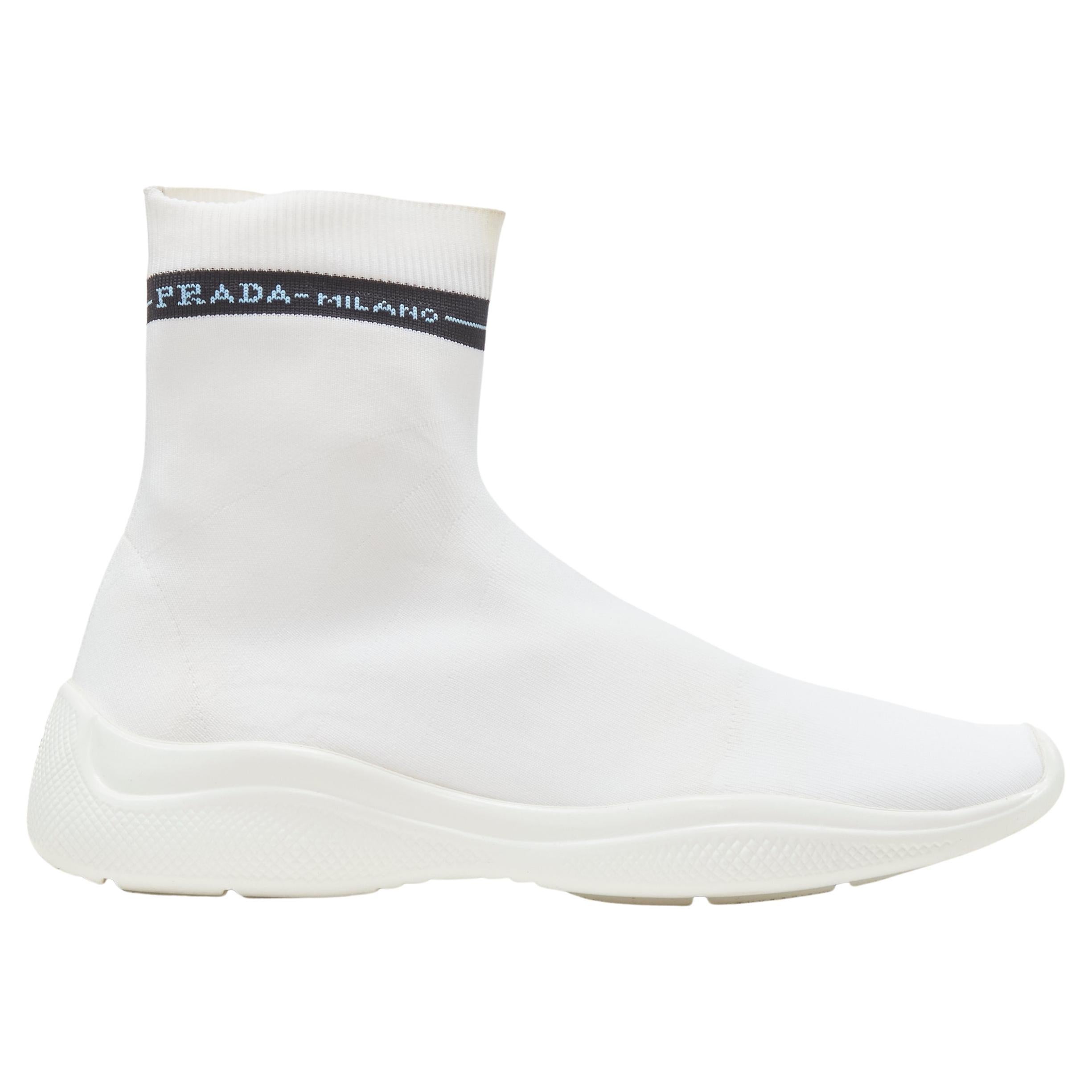 PRADA Milano black logo band white sock knit high top sneaker EU35.5 For Sale