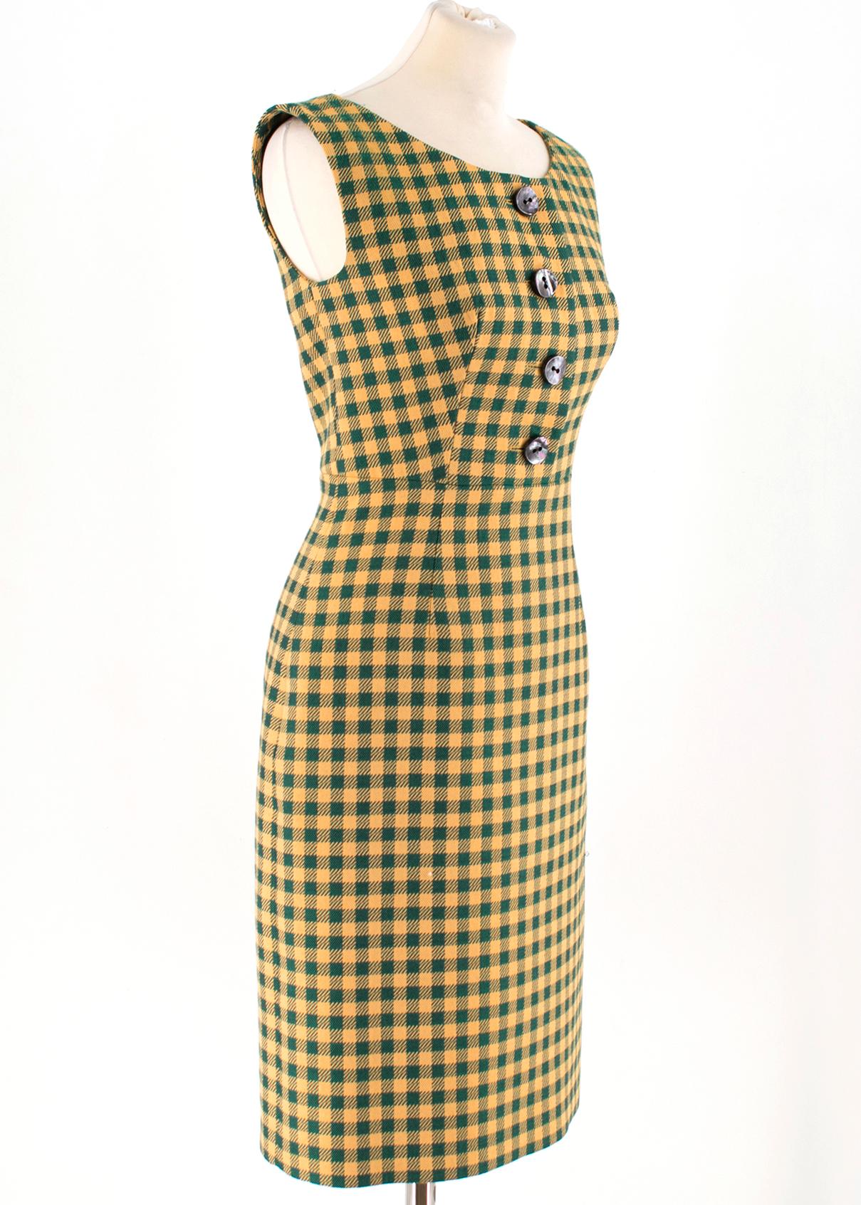 Prada Milano Gingham Check Dress  

- Sleeveless Wool Blend Dress 
- Green & Mustard Gingham Checkered Pattern 
- Slight Boat Neckline with front button fastenings 
- Green silk blend inner lining
- Slit in the back  
- 55% Wool, 44% Polyester, 1%