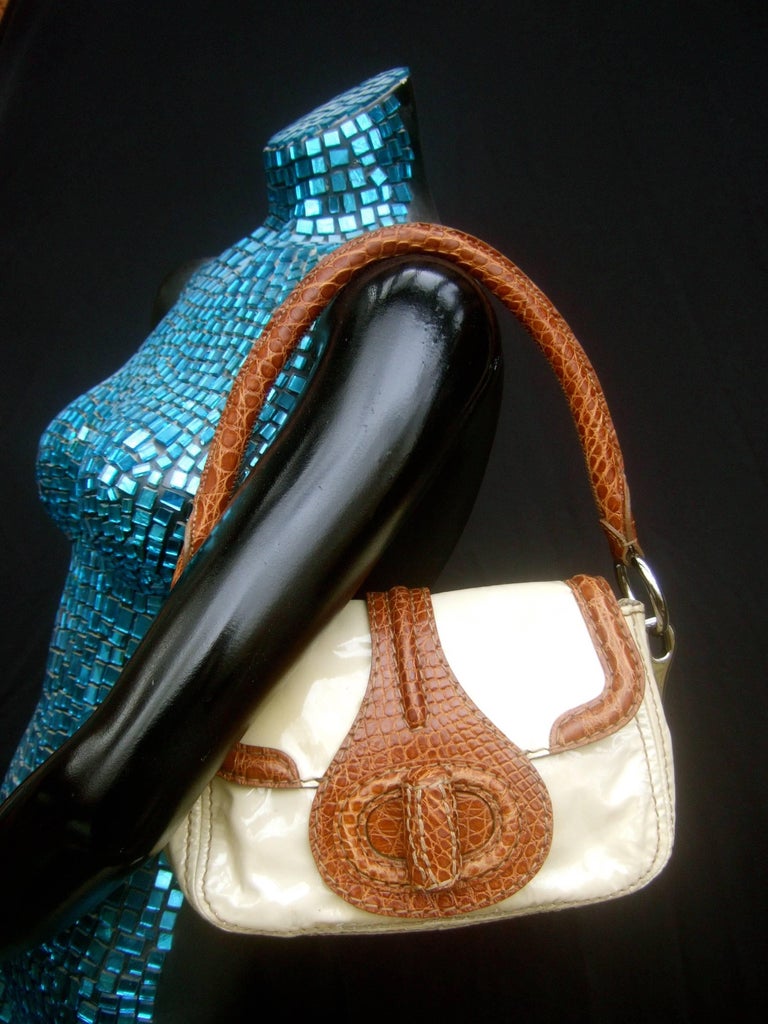 Prada Milano Tan Patent Leather Embossed Trim Handbag, circa 1990s For Sale at 1stdibs
