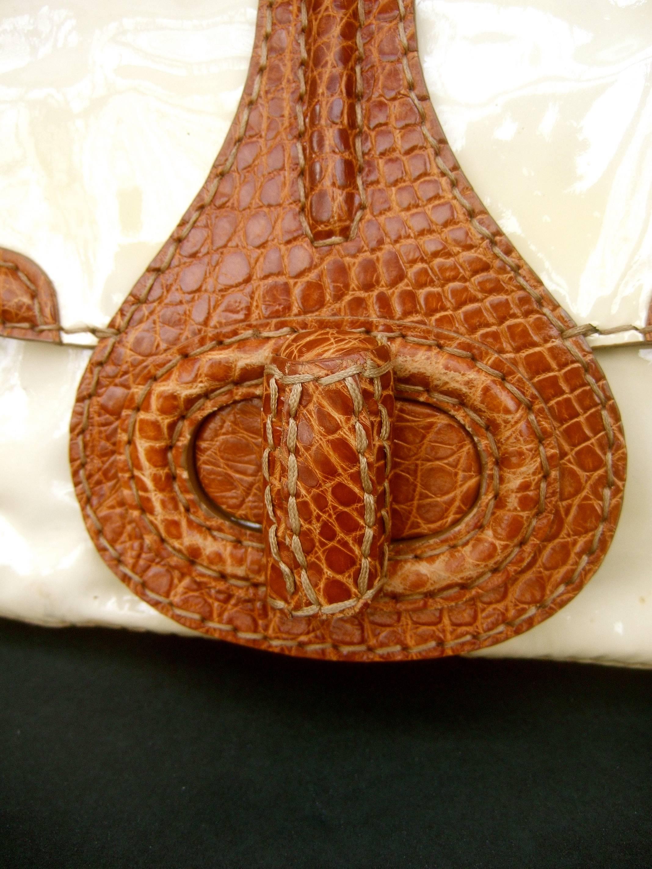 Beige Prada Milano Tan Patent Leather Embossed Trim Handbag, circa 1990s