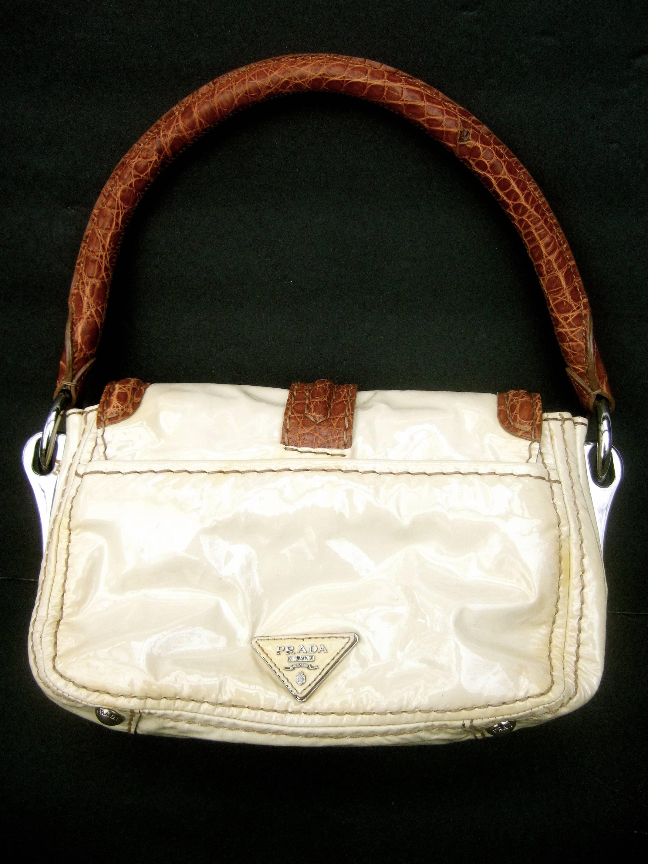 Women's Prada Milano Tan Patent Leather Embossed Trim Handbag, circa 1990s